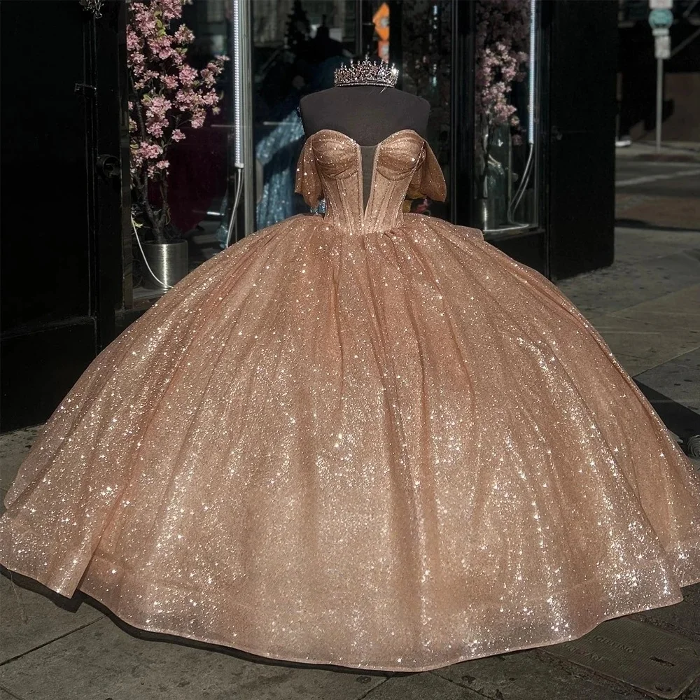 Sparkly Charro Quinceanera Dresses Ball Gown Off The Shoulder Sequins Bow Mexican Sweet 16 Dresses 15 Anos Customized