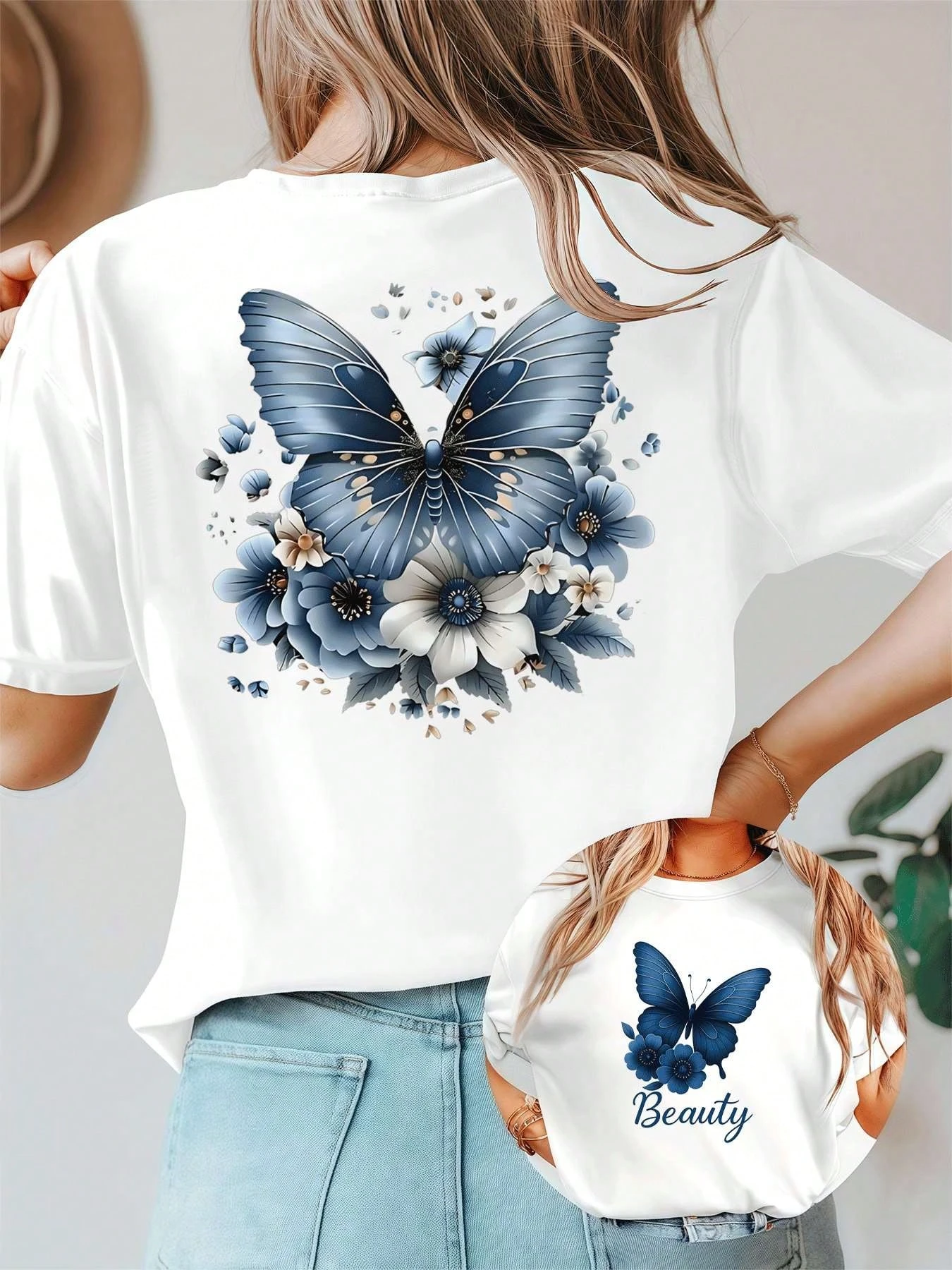 

Butterfly Flower Print T-shirt Women's Double-sided Print Fashion Crew Neck T-shirt 2026 Summer Y2k Versatile Short-sleeved Top