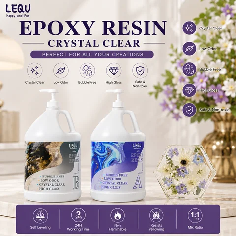 Kit de Resina Epóxi Cristalina LEQU de 2 Galões, Sem Bolhas e Não Amarelante, de Cura Rápida para Revestimento, Fundição, Joias, Tampos de Mesa, Tampos de Bar, Mesas Laterais de Madeira Maciça, Artesanato