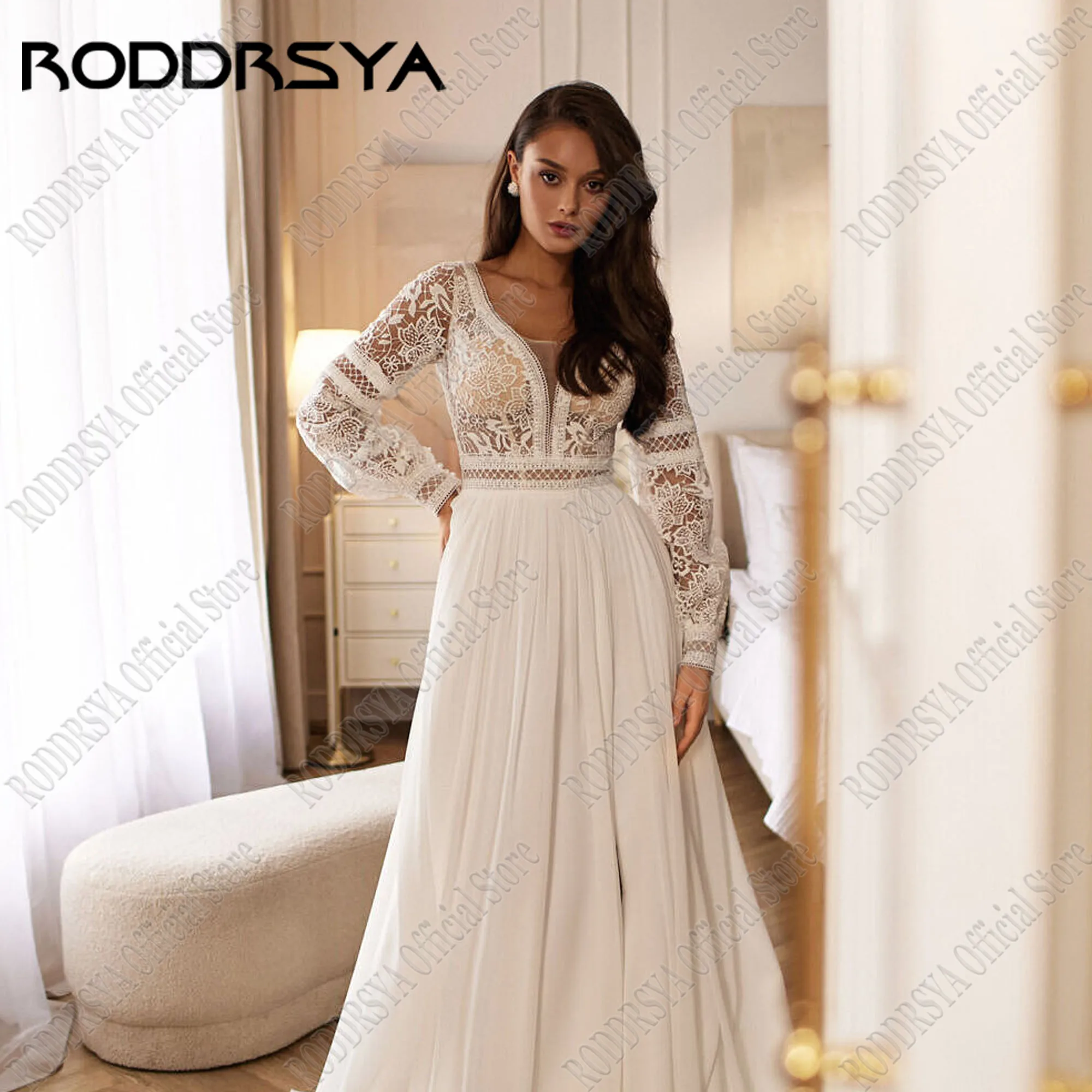 RODDRSYA Applique V-Neck Boho Chiffon Wedding Dress Puff Sleeve 2025 Backless A-Line Robe De Mariée Bridal Gown Women Customized