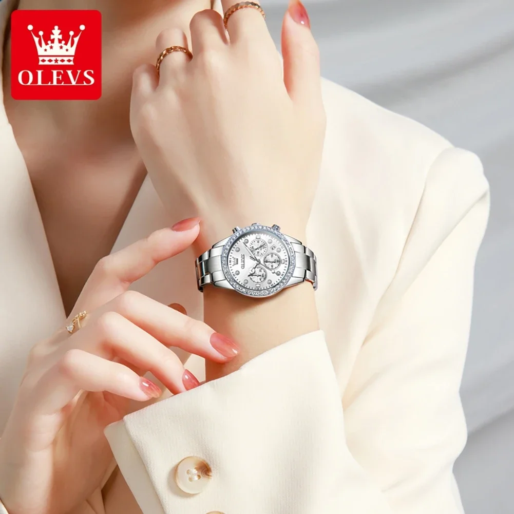 OLEVS Brand Original Quartz Watch for Women Stainless Steel Waterproof Auto Date Chronograph Elegant Diamond Ladies Wristwatch