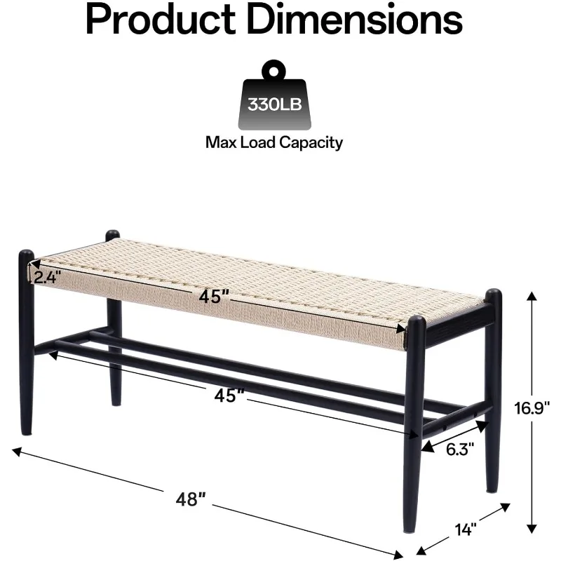 Solid Wood Entryway Bench with Shoe Storage, Rustic Oak Wood and Woven Design 45 Inch Long Seating ,Black