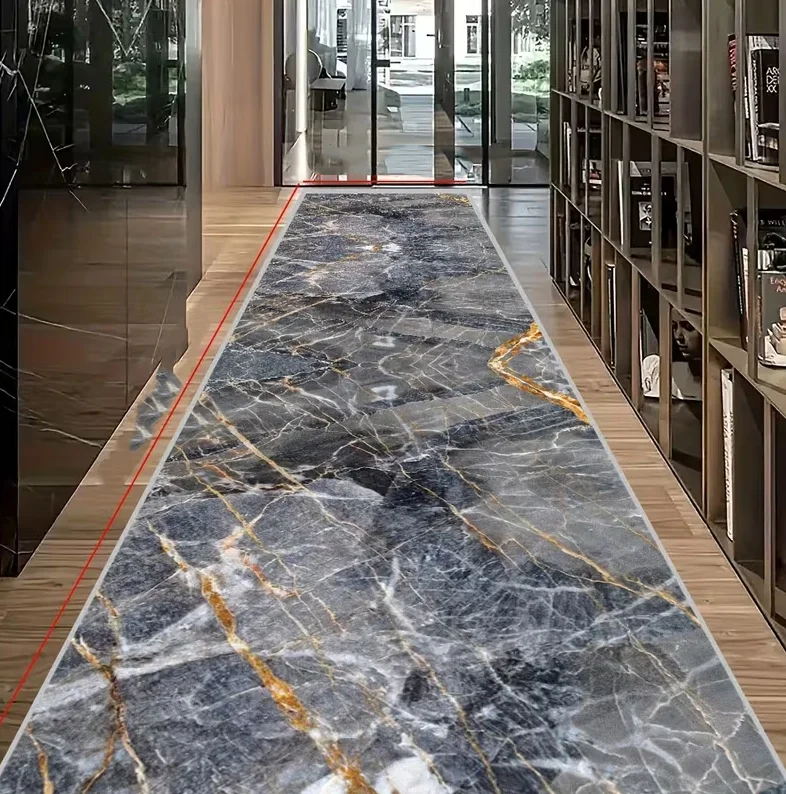 Marmor-Riss-Design Langer Korridor-Teppich Gold Rutschfester Bodenbelag Flur Heimdekoration Langer Teppich Praktisch und Bodenmatte