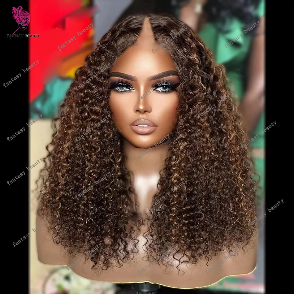 Highlight Chocolate Brown V Part Wigs Bouncy Curly Unprocessed Human Hair Honey Blonde Water Wave U Shape Wig Full End None Lace