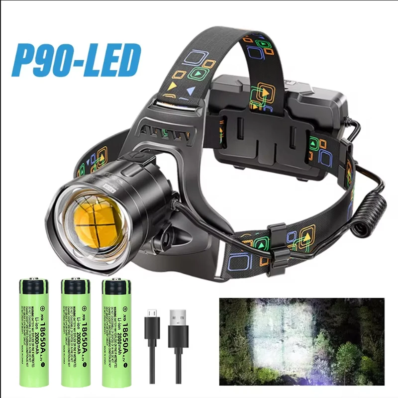 Super Bright LED Headlamp with XHP90 Lamp Beads USB Rechargeable Headlight Power Display Exploration Fishing Camping  Flashlight