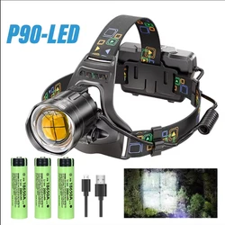 Super Bright LED Headlamp with XHP90 Lamp Beads USB Rechargeable Headlight Power Display Exploration Fishing Camping  Flashlight