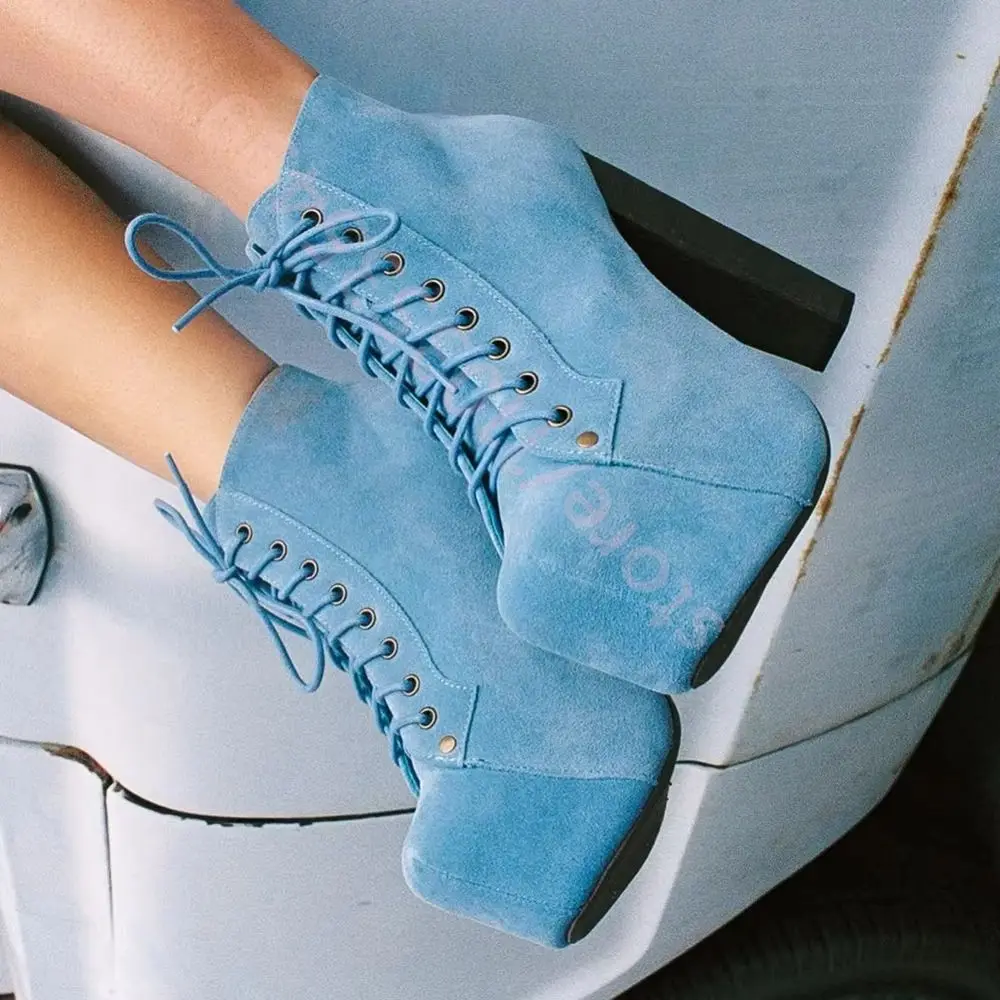 2026 Light Denim Square Toe Platform Ankle Boots Women Front Lace Up Wooden Chunky Block High Heel Fashion Party Short Booties