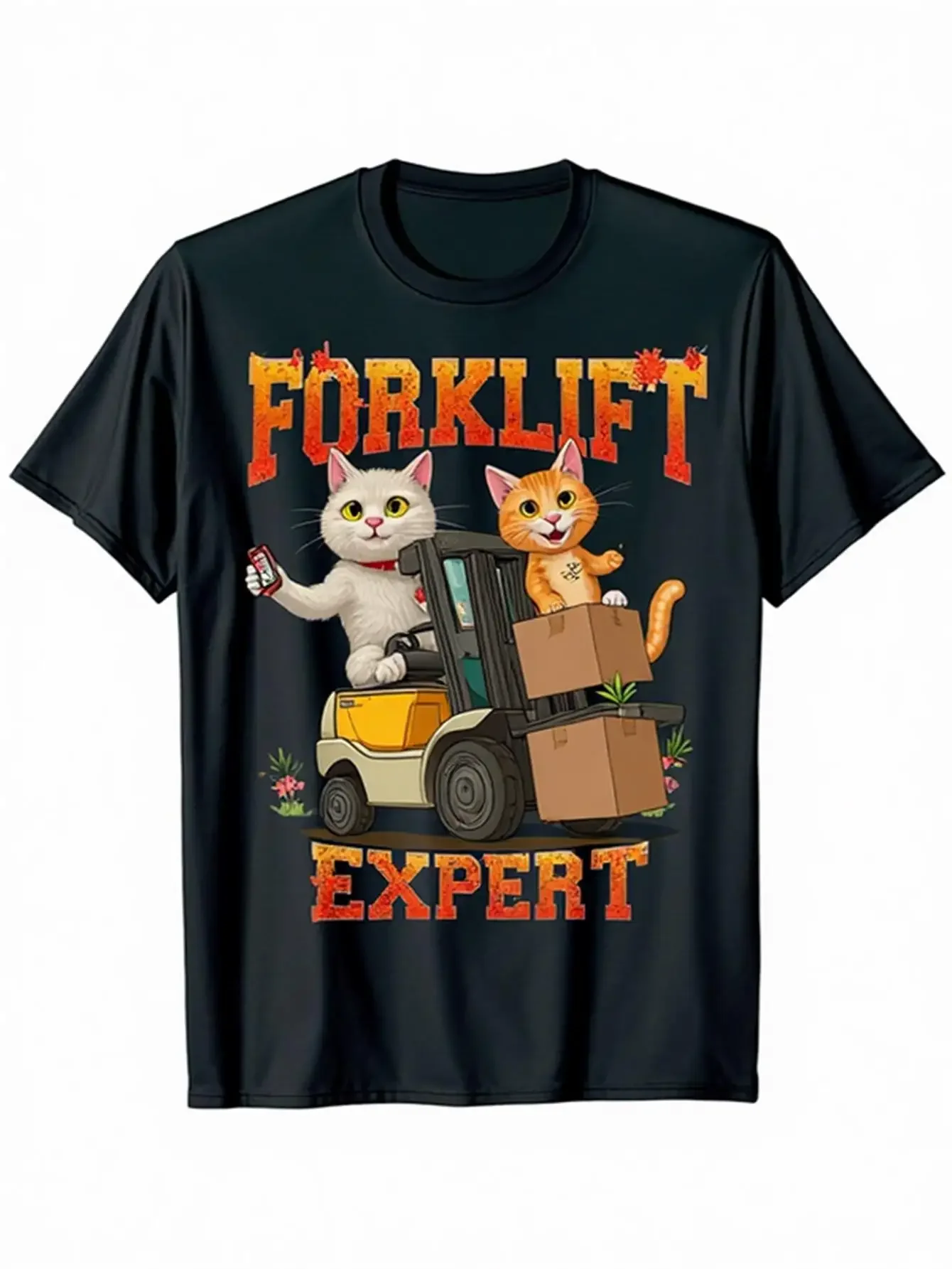 

Forklift Expert Cats Graphic Tee Funny Cat Operator Short Sleeve T-Shirt Casual Top