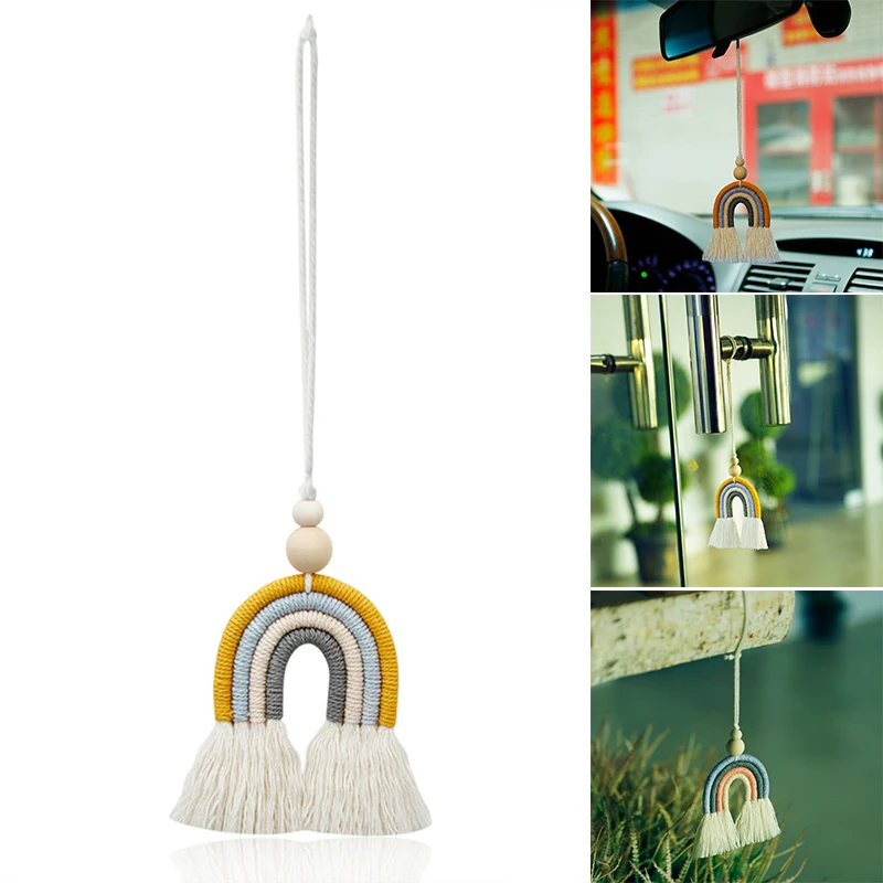 Rear View Mirrior Pendant Handmade Cotton Rainbow Tassel Car Diffuser Hanging Keychain Car Interior Decor For Vehicle