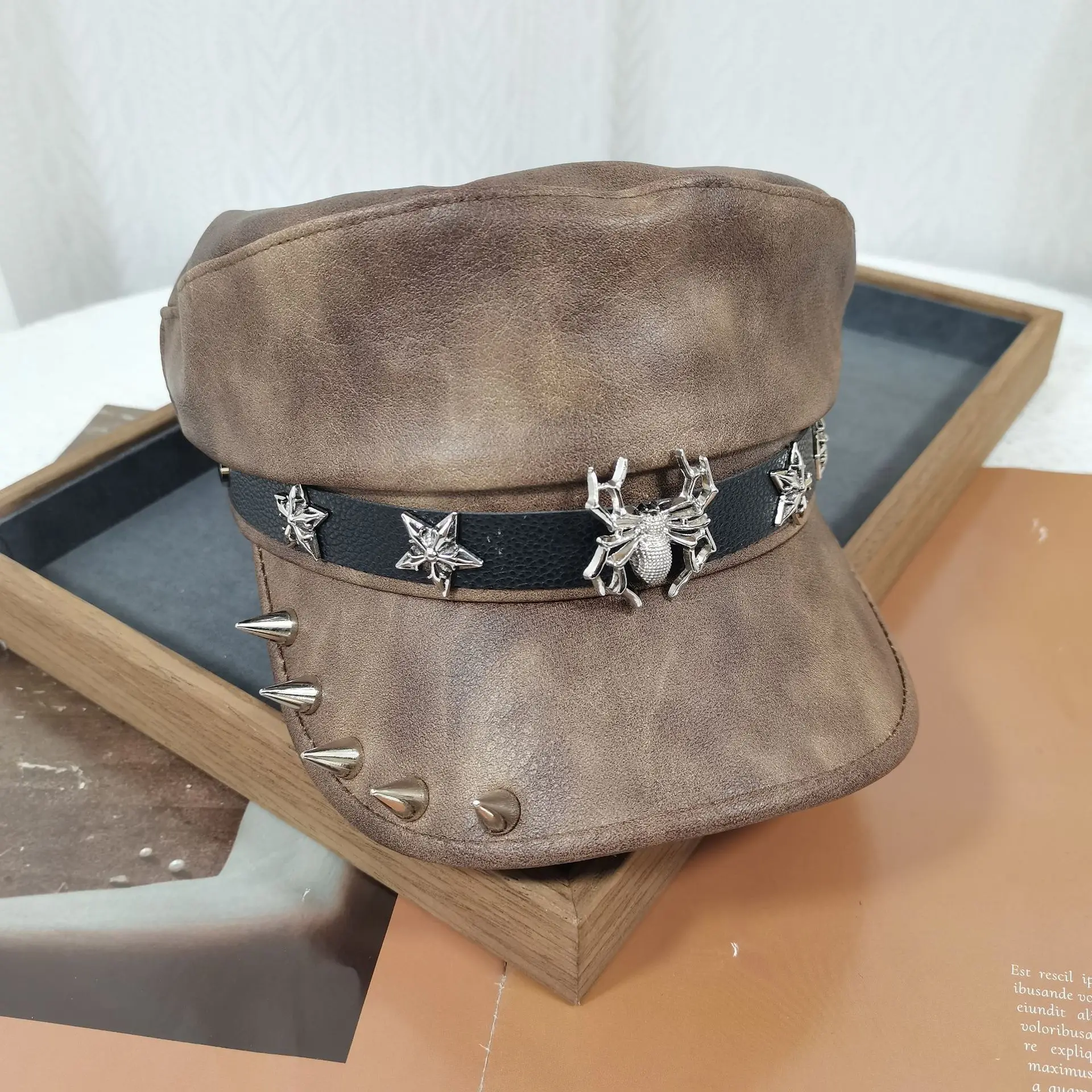 

Metal Rivet PU Leather Flat-top Hats for Women Autumn Winter Punk Retro Style Military Cap for Stage Cool Party Leather Caps