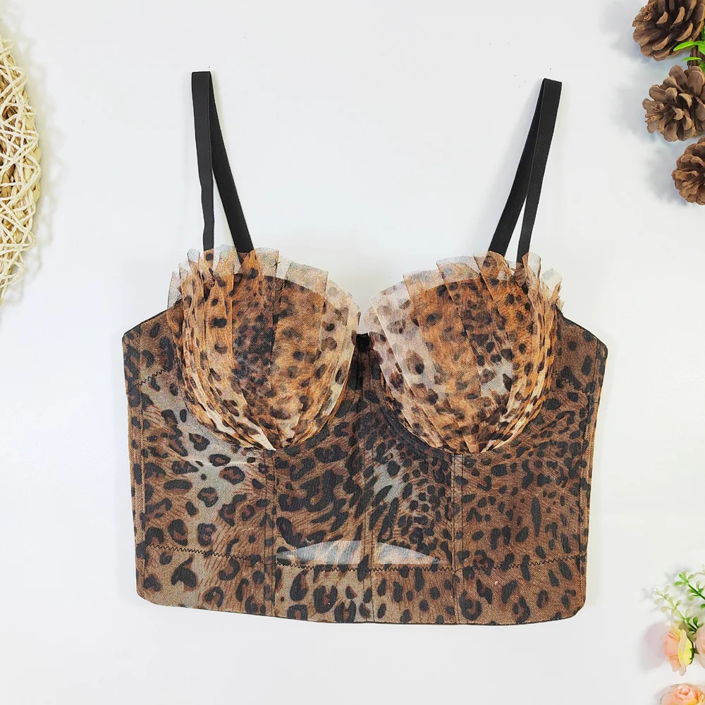 

Sexy Pleated Bras Leopard Print Crop Top Nightclub Party Bustier Female Streetwear Tops French Women Push Up Bra Adjustable Cami