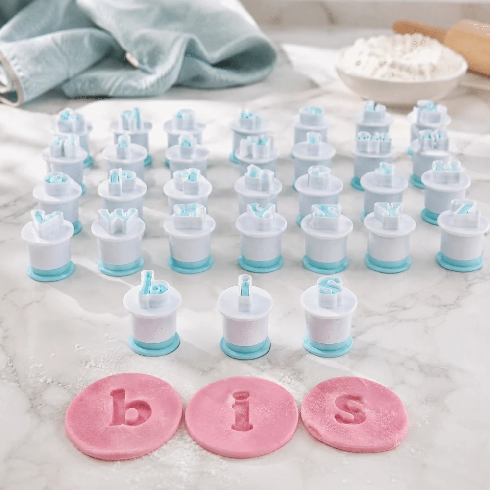 26PCS Lowercase Alphabet Cookie Stamp Cutter Set Plastic Food Grade Alphabet Cookie Cutter Spring Loaded Letter Cookie Mold