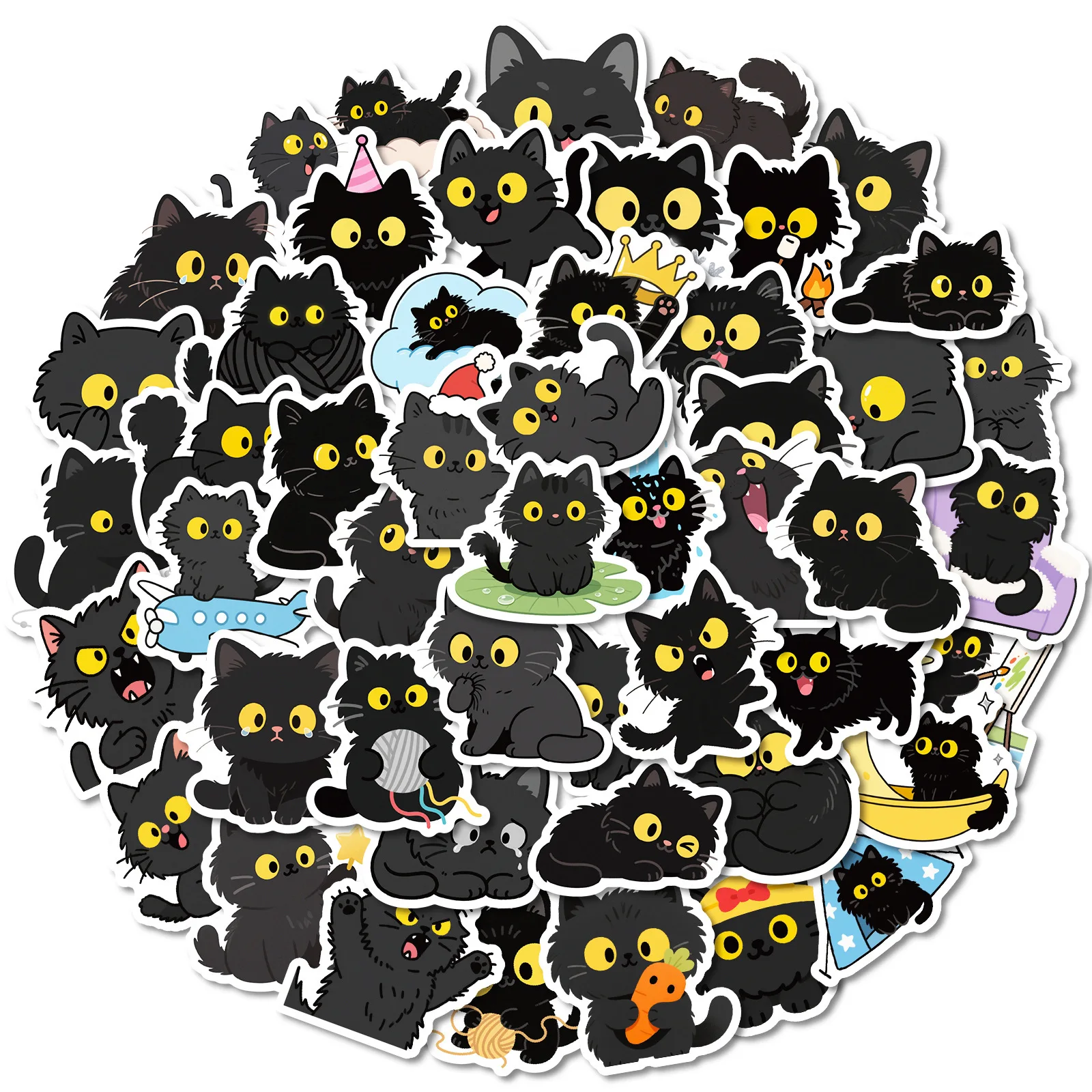

50PCS Waterproof Cute Black Big Eyes Cat Cartoon Stickers DIY Graffiti Decoration for Notebook Mobile Guitar Water Cup Toys