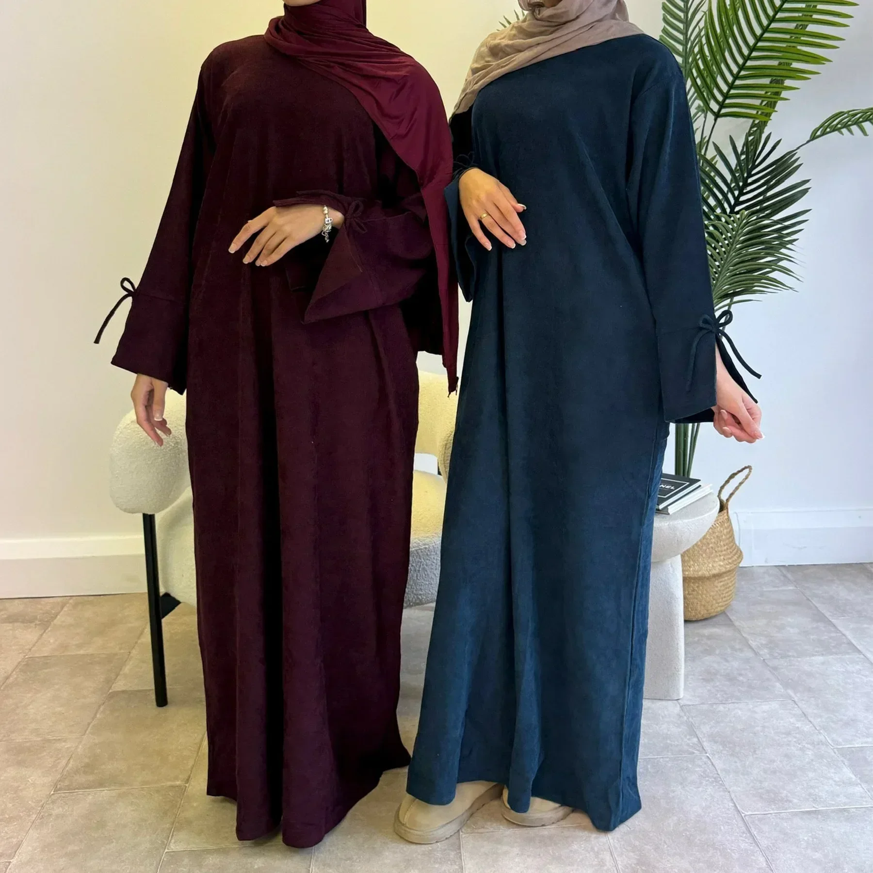 Winter Corduroy Abaya Dubai Luxury Bow Sleeve Warm Muslim Long Dress Thicked Closed Abayas for Women Islamic Clothes Kaftan Robe
