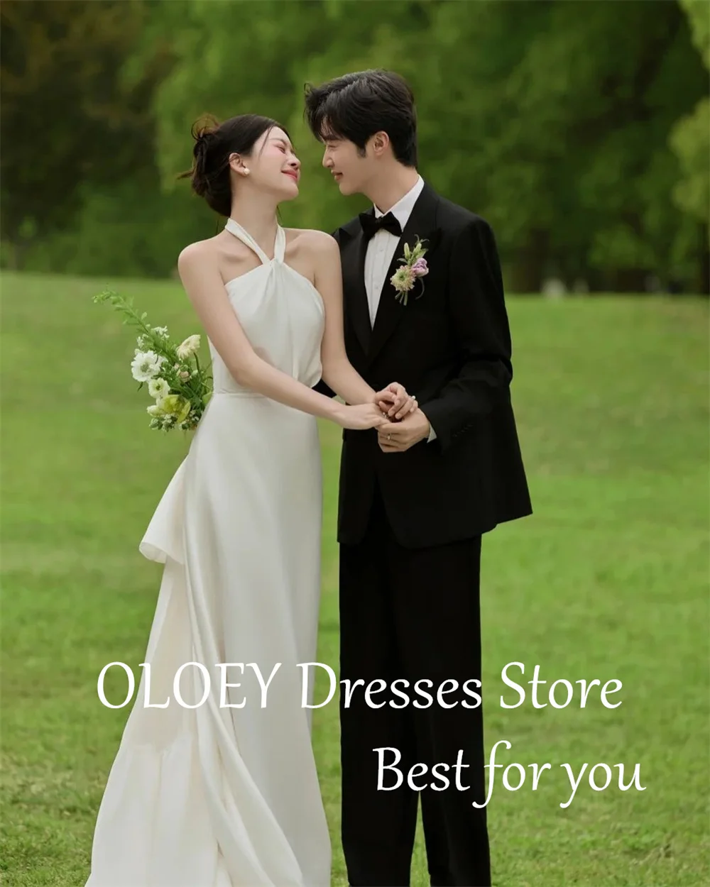 OLOEY-vestido de novia sencillo con cuello Halter, elegante vestido de novia sin mangas para sesión de fotos de Corea, hecho a medida