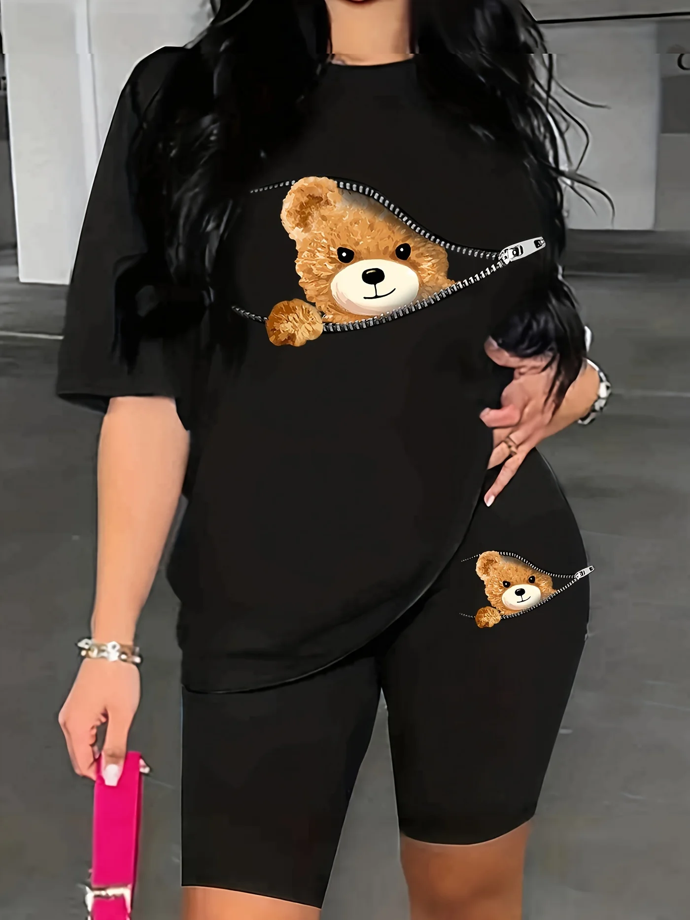 

Trendy Womens Two-Piece Outfit - Adorable Bear Print Short Sleeve T-Shirt ,Casual Summer Wear for Everyday Fashion