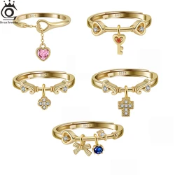 ORSA JEWELS Vintage Pendant Ring Genuine 925 Silver Spearkling Cubic Zircon Fashion Finger Ring Adjustable Women Jewelry SR334