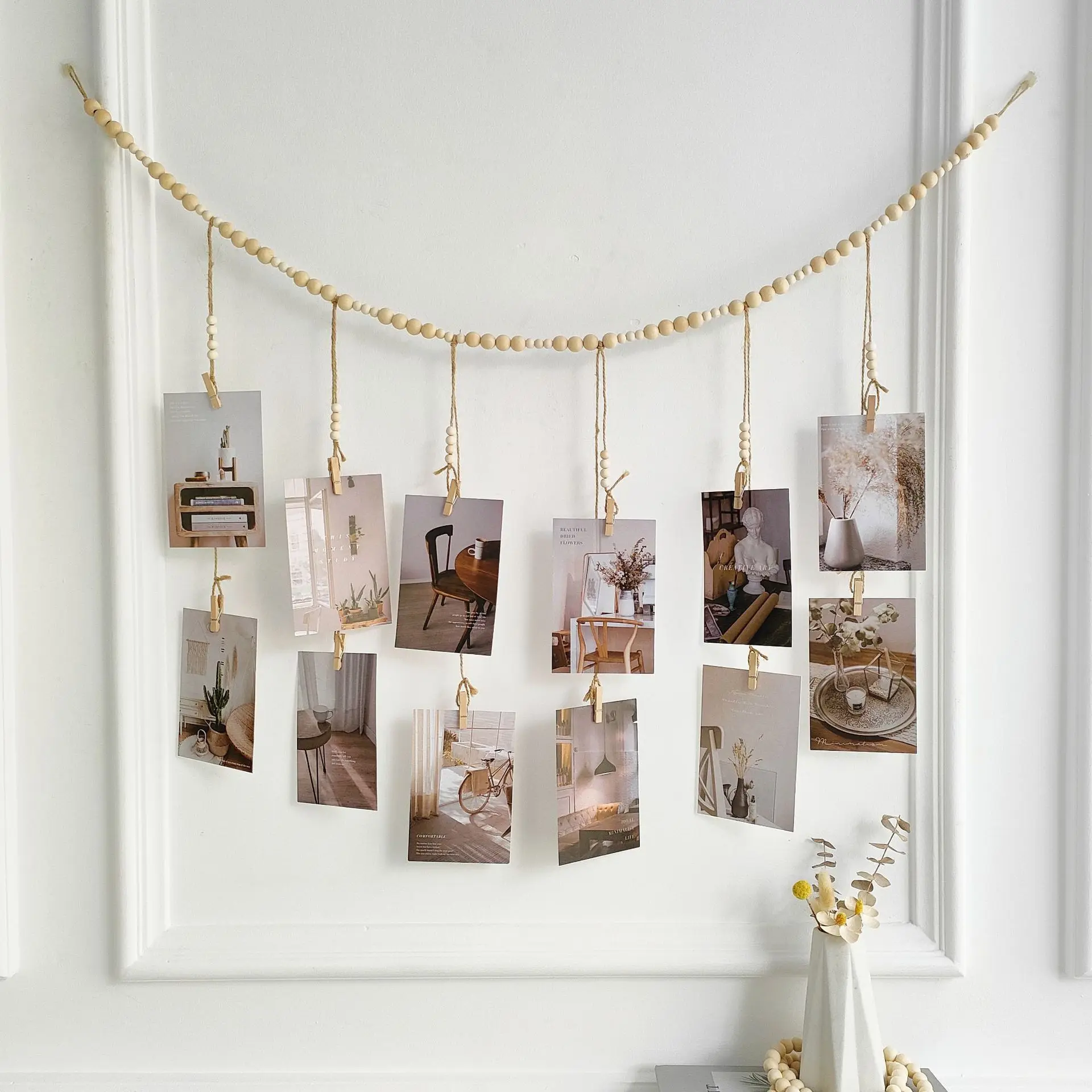 Hanging Photo Display with Clips Boho Wooden Bead Garland Wall Hanging for Bedroom Living Room Dorm Party Decor Teen Girl Gifts