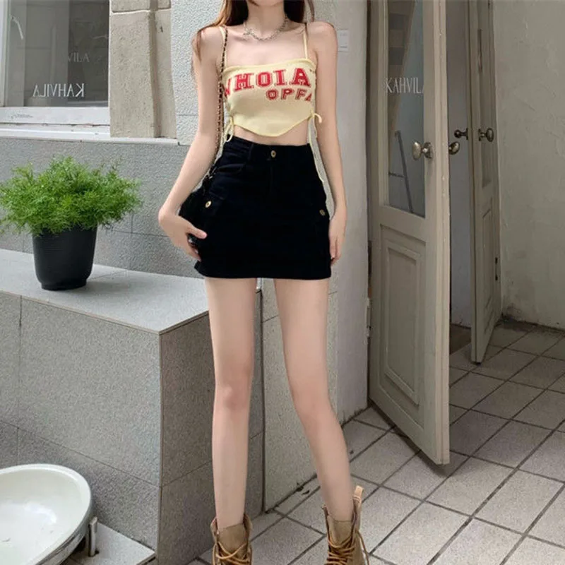 Summer Vintage Cargo Denim Skirts Women Harajuku High Waist Black Mini Skirt Woman Y2K with Pockets Button Jean Bag Hip Skirt