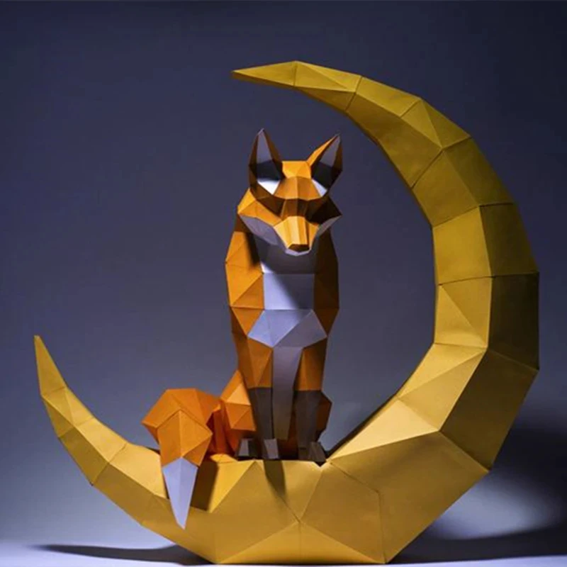 60cm Moon Fox Paper Model Origami DIY Low Poly Paper Craft Animal Home Decor Children\'s Room Decoration Adults Handmade Toy Gift