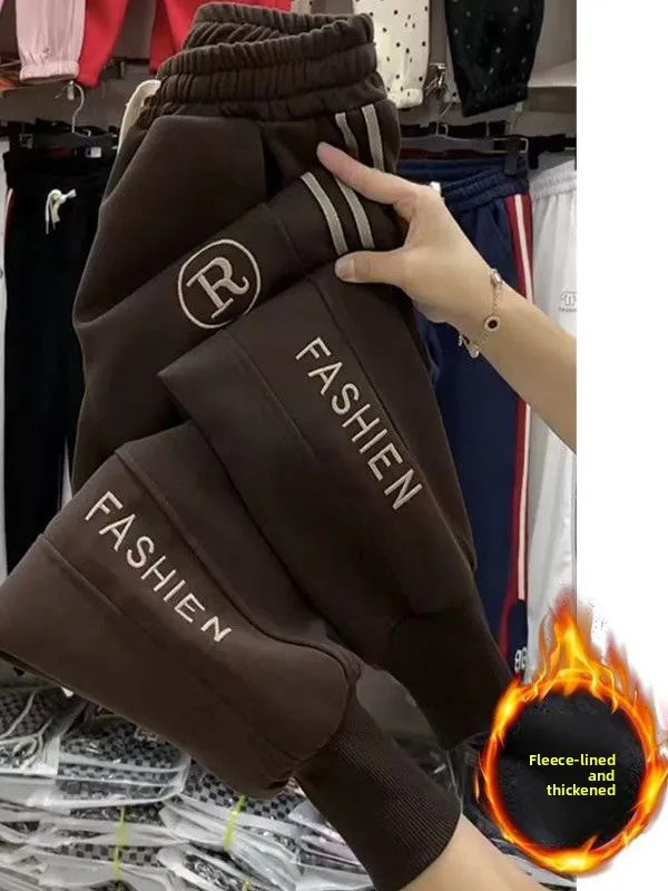 

Брюки-харлан с вышивкой и флисовой подкладкой, женские повседневные спортивные штаны, осенне-зимние теплые утягивающие брюки