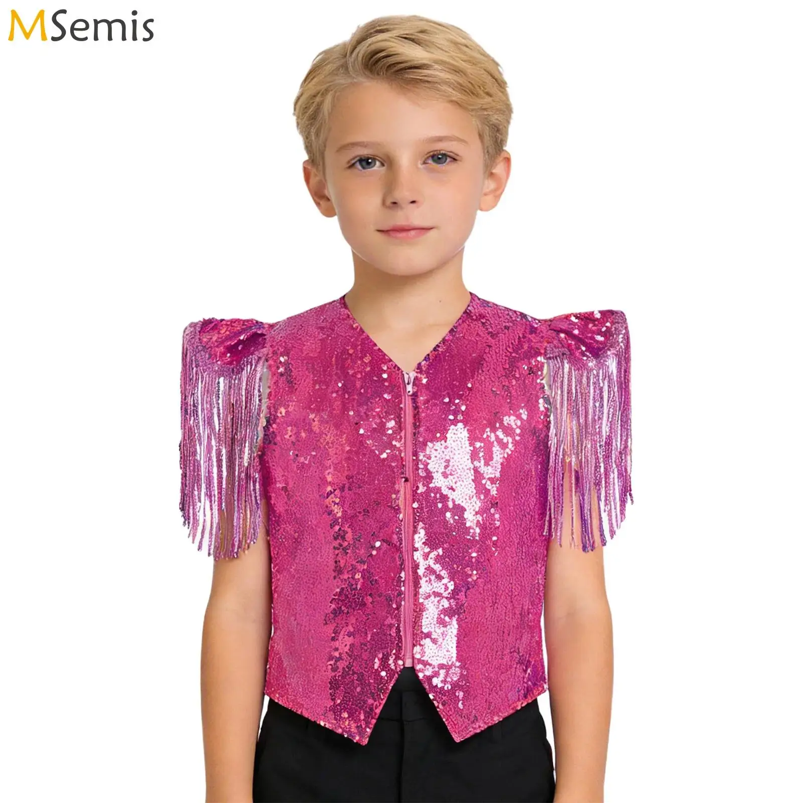 

Детский жилет с пайетками и металлическими бахромами для мальчиков и девочек, топ для джазовых танцев, костюм для выступлений, с короткими рукавами, V-образным вырезом, на молнии