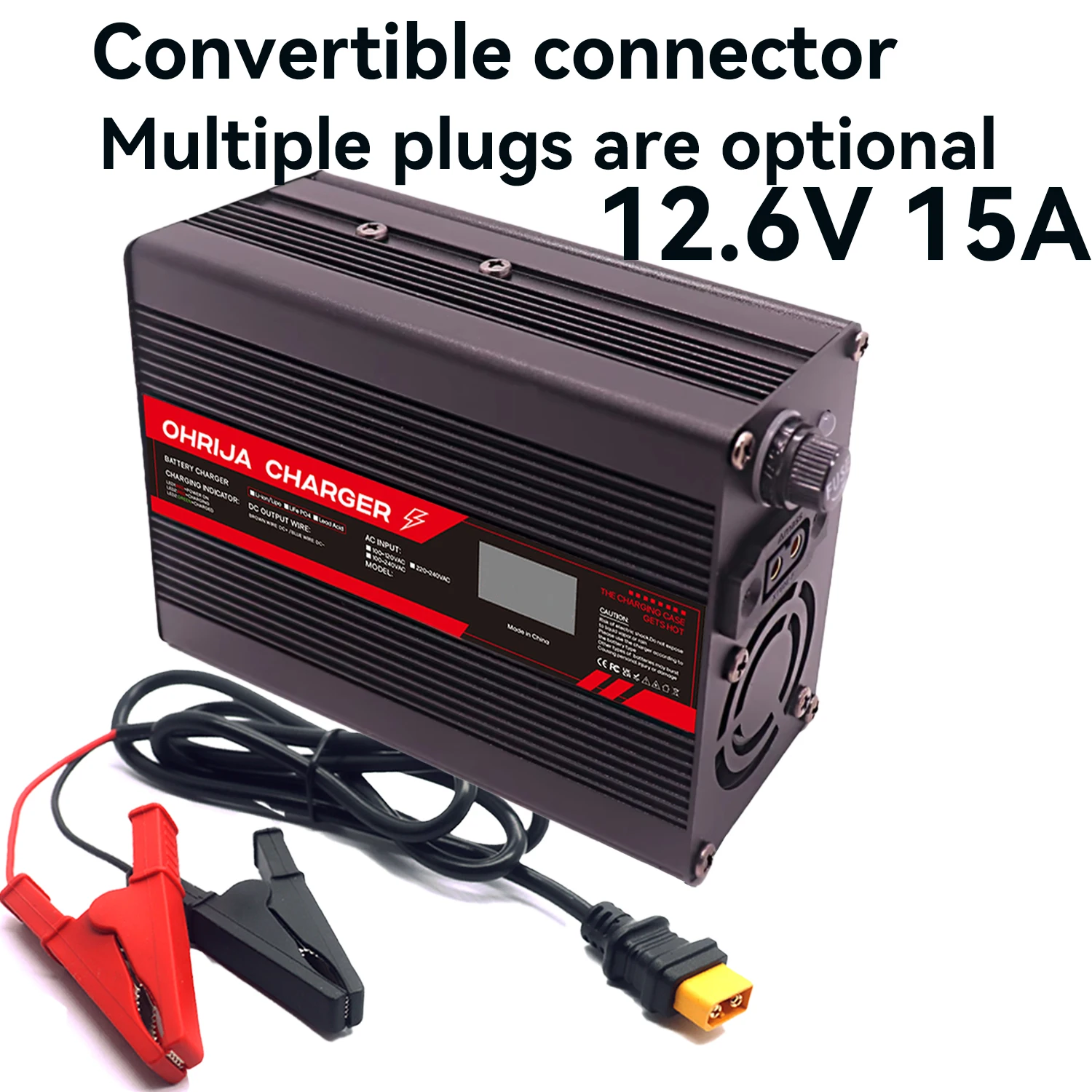 

12.6V 15A Lithium Battery Fast Charger for 3S 11.1V OLED Display & Interchangeable Connector Fast stabilization with cooling fan