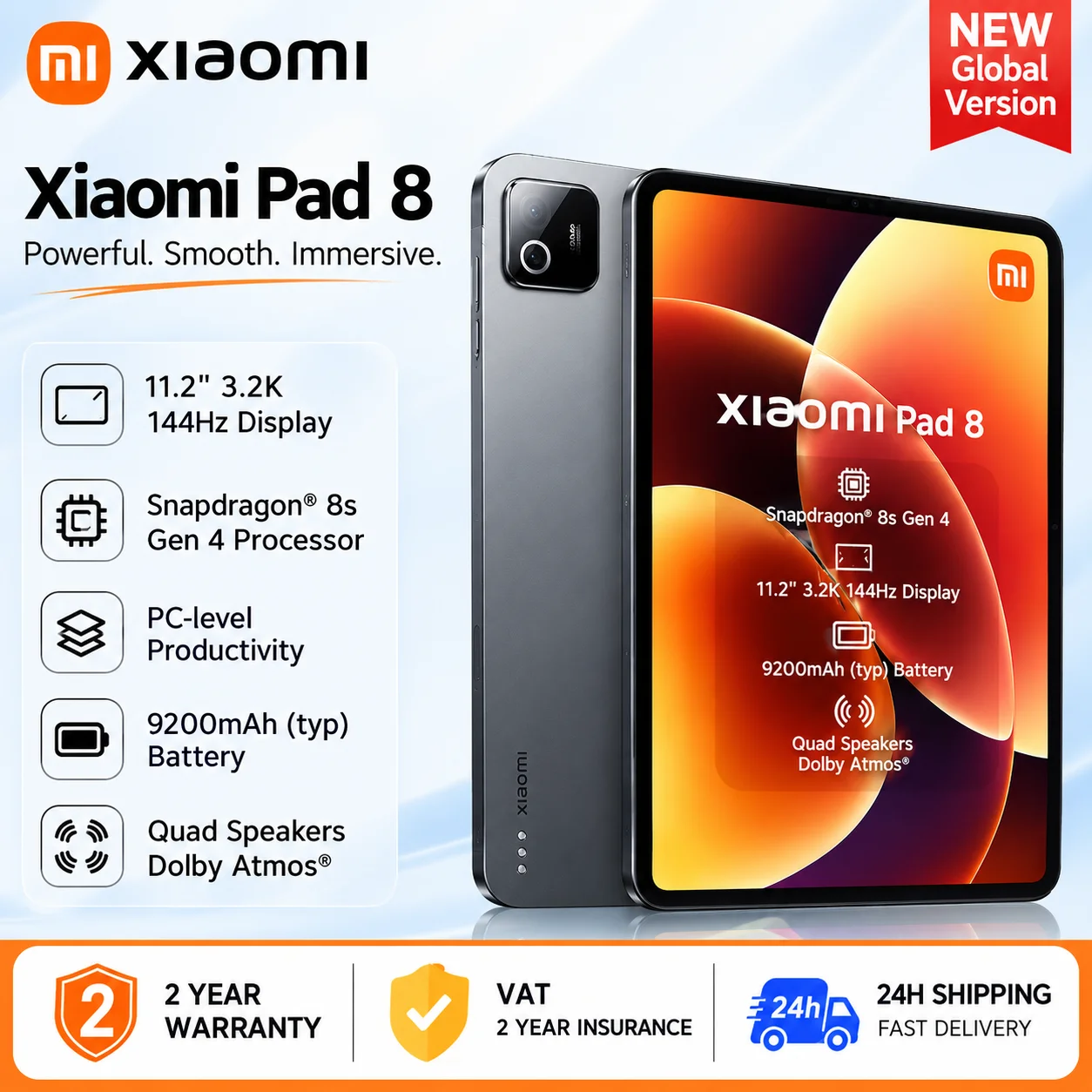 Xiaomi Pad 8 Version Globale Originale, Processeur Snapdragon 8s Gen 4, Tablette PC AI, Écran 11,2'' 3,2K 144Hz, Batterie 9200mAh, HyperOS