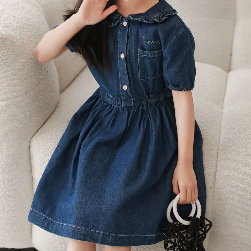 2023 Fashion Summer Girl Party Dress Princess Demin Dress Children Jeans Dresses Teenager Girl Peter Pan Clothing