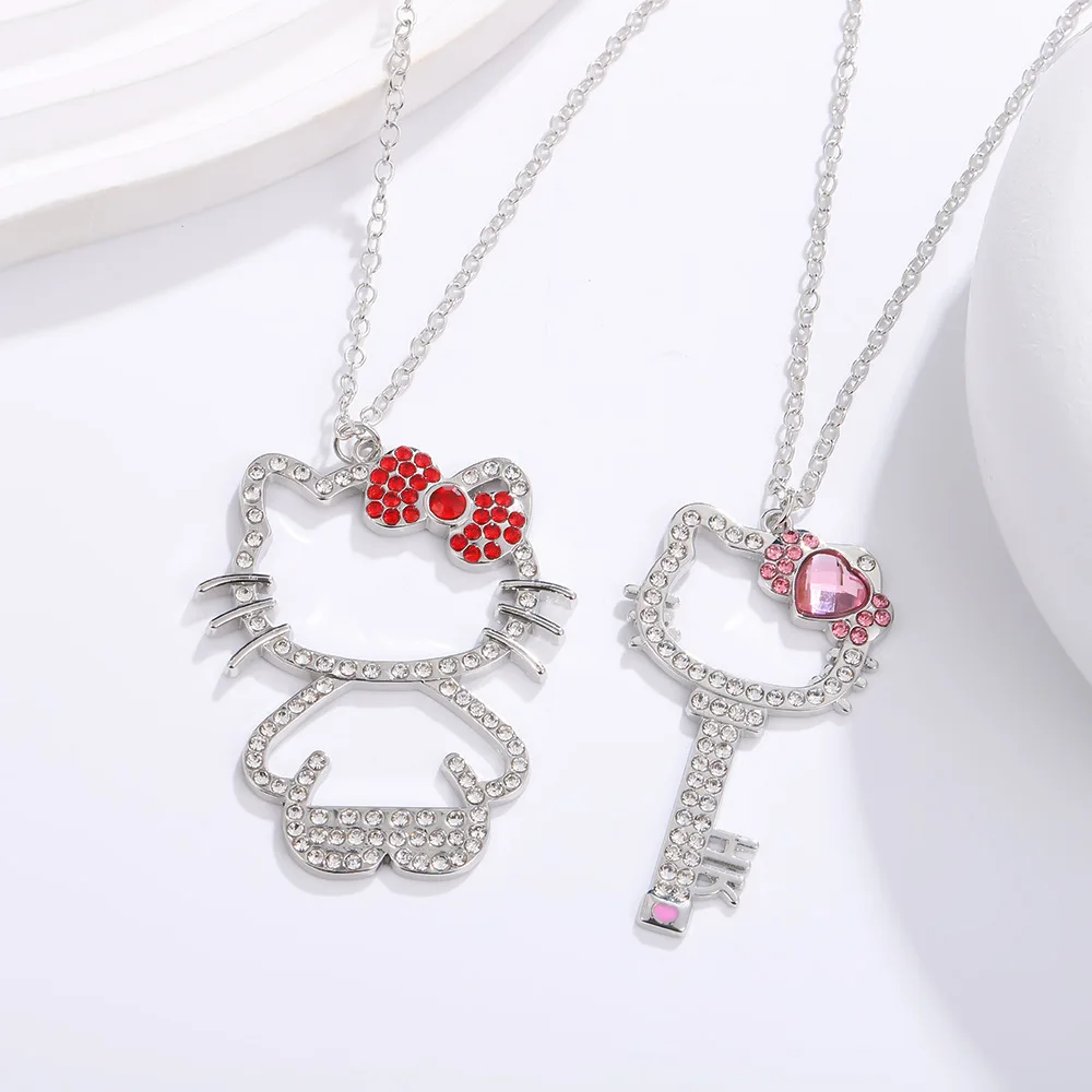 Sanrio Cartoon Hello Kitty Creative Key heart-shaped Necklace Y2k Light Luxury Diamond Hello Kitty Pendant Cute Girls Necklace