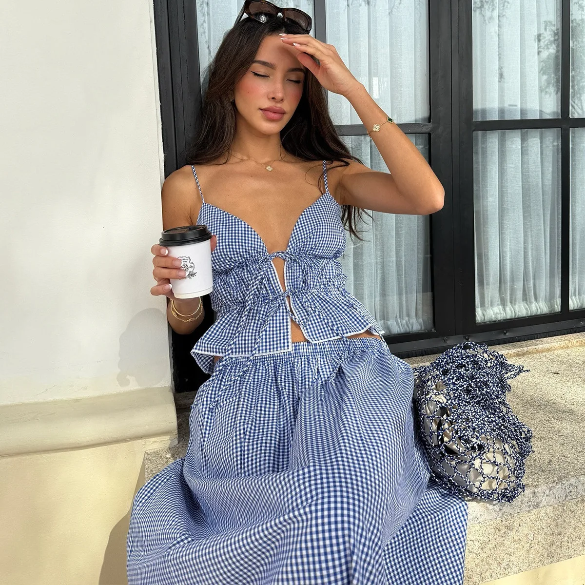 

Summer Beach Resort Casual Style Tie-Front Tank Top Ankle-Length Skirt Two-Piece Set Sexy Sleeveless Blue White Checkered Dress