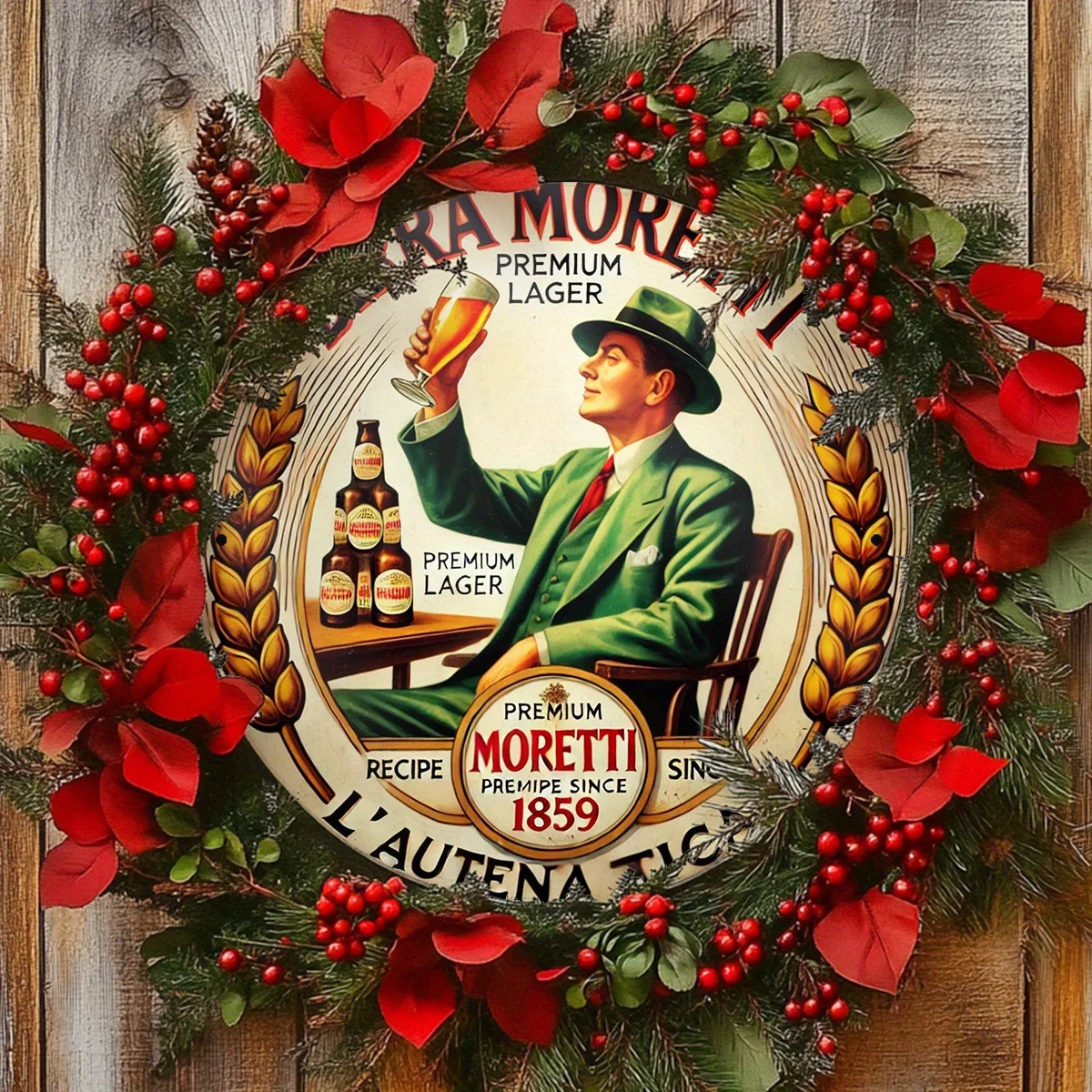 2D flach 1 Stück Retro Birra Moretti Bier Holzlogo runde Wandkunst, klassisches Brauerei-Design, geeignet für Bars und Cafés – Detail 6