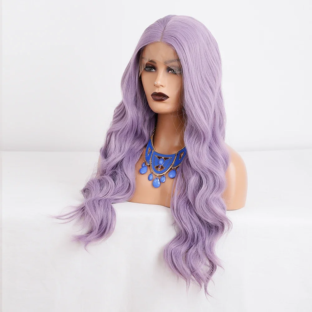 RDY Wig ungu muda tubuh gelombang sintetis renda depan Wig panjang bergelombang tanpa lem alami garis rambut berwarna Wig Frontal untuk wanita