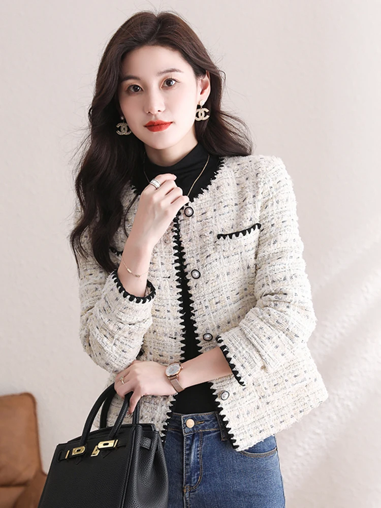 Zoki French Elegant Tweed Jackets Women Vintage Sweet Buttons Coat Casual Long Sleeve Patchwork Design Female Retro Outwear Tops