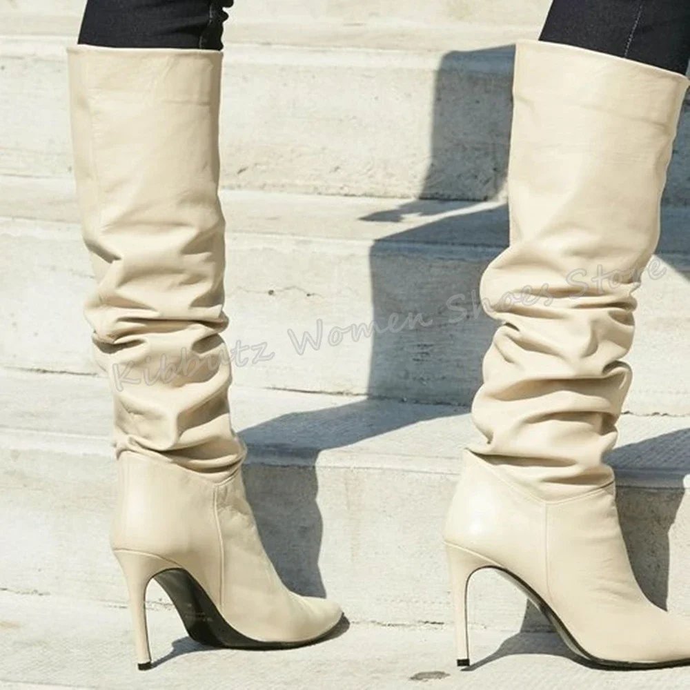 

Pleated Genuine Leather Boots Knee High Fashion Luxury Sexy Comfortable Solid Color Slip- On Women Shoes Pointed Toe Thin Heels