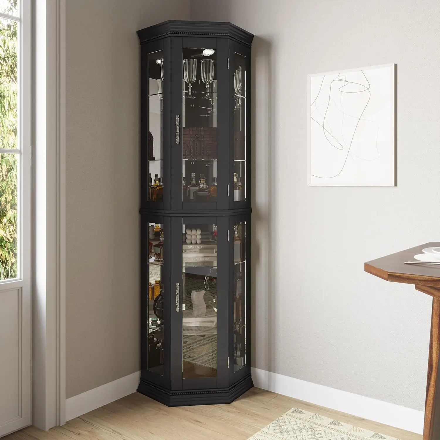 Lighted 3-Side Glass Display Curio Cabinet w/Tempered Glass Doors & Shelves, Accent Wooden Corner Cabinet with Bulb