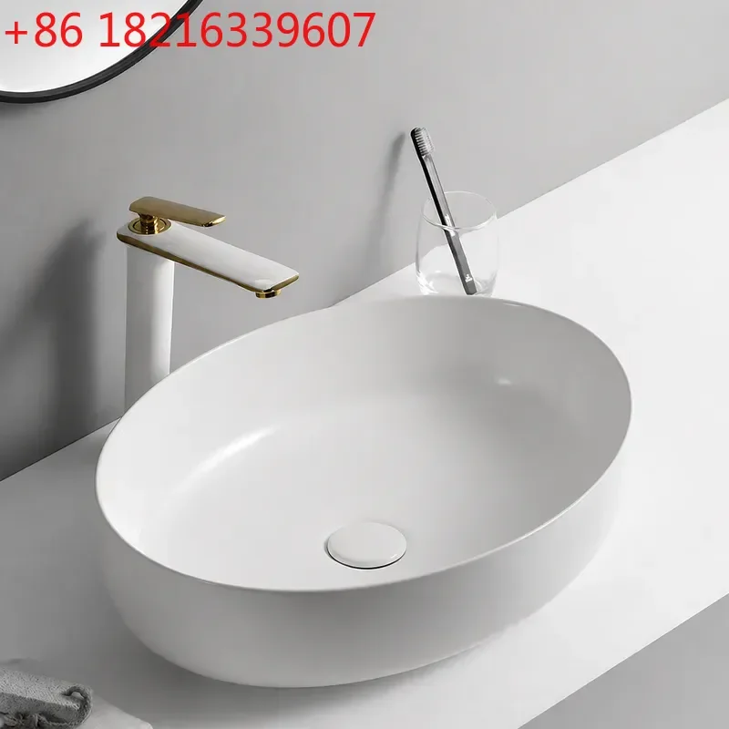 YAO North Ceramic Bright White Oval Countertop Basin Single Bathroom Wash Basin Vessel Sink for Household Use