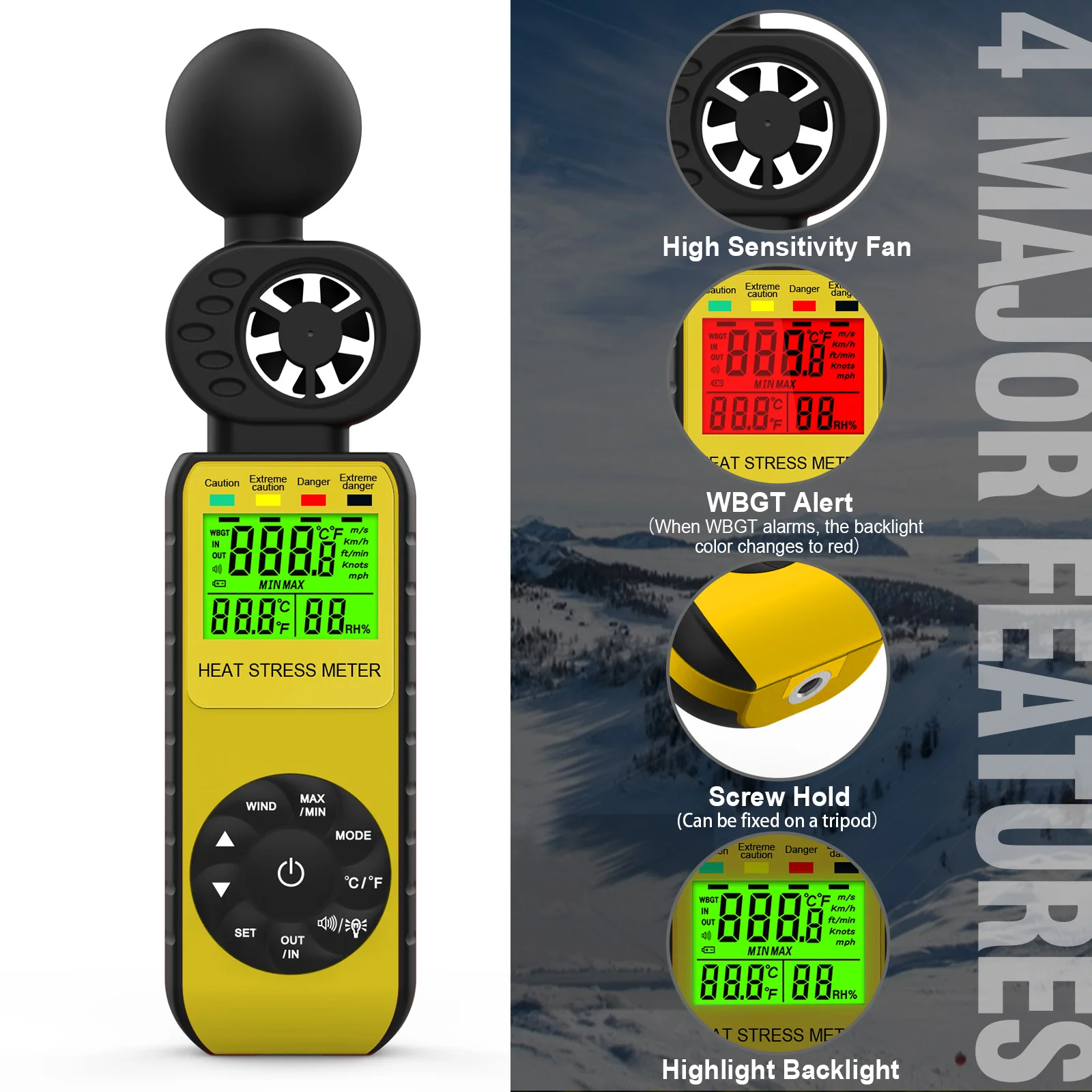 Holdpeak 881W Air Anemometer RPM Meter Wind Digital Tachometer Handheld 4 In 1 Wind Speed Meter With Humidity Temperature Test