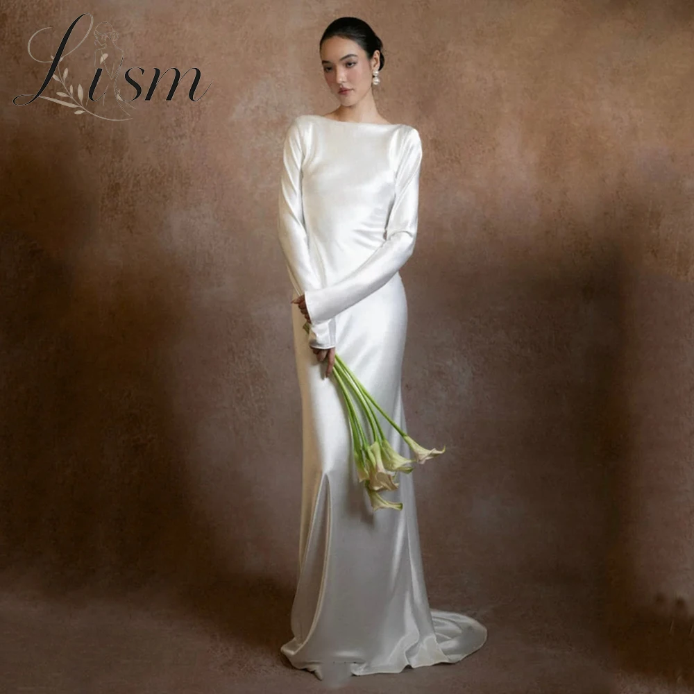 Lism Pure Boat Neck French Wedding Dresses Silk Satin Ivory Long Sleeves Bridal Gown Backless Pretty Long Bride Gowns Customized