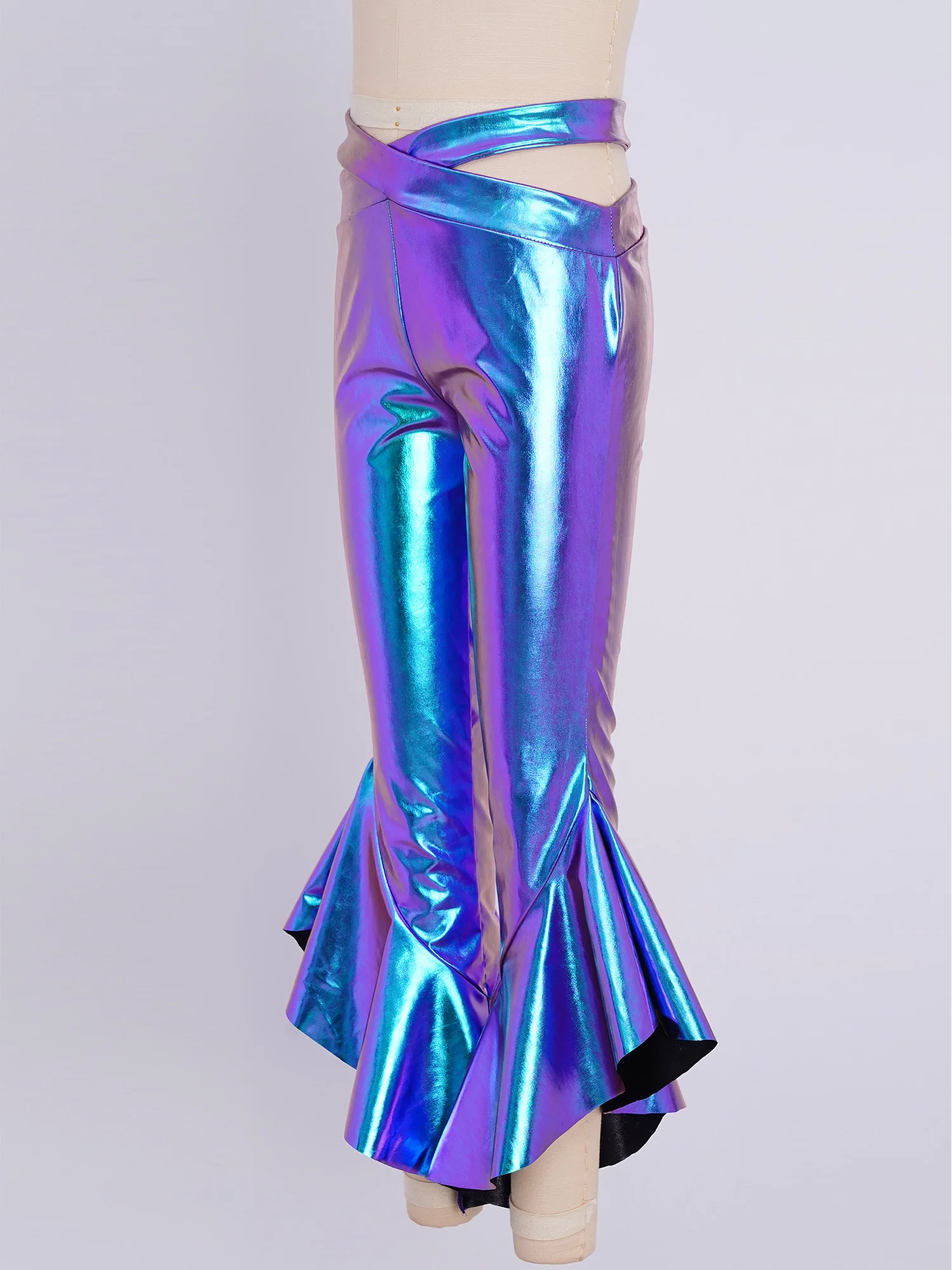 

Girls Disco Party Bell-Bottom Metallic Flared Pants Kids Cross Waistband Ruffles Dance Trousers for Stage Performance Outfit
