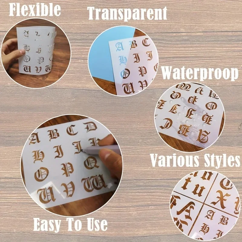 Kalligraphie-Schablone, 6er-Pack wiederverwendbare Schablonen für altenglische Buchstaben und Zahlen für DIY-Malerei, Basteln, Scrapbooking und Schreibwaren