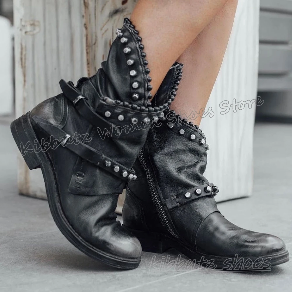 

Rivets Belt Buckle Ankle Boots Round Toe Flat with Leather Slip-On Fashion Novelty Sexy Concise Cowboy Vintage Luxury Shoes New
