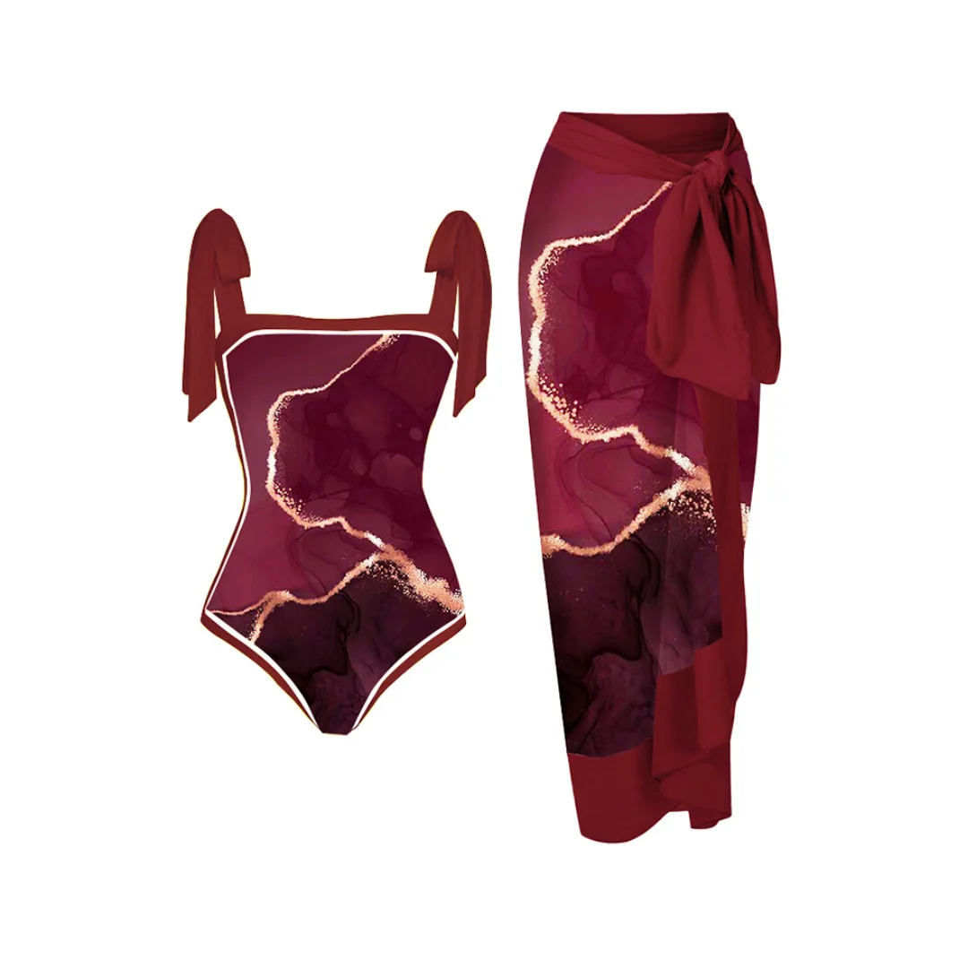 

2025 New Edition Conservative Printed Two-Piece One-Piece Swimsuit with Skirt Polyester Sportswear Fixed Chest Pad No Sve