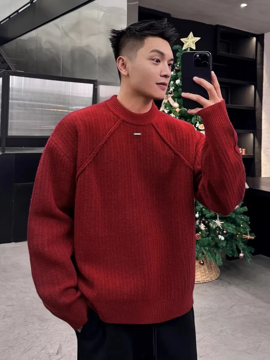 

Красный вязаный свитер мужской, новинка, повседневная одежда для Нового года, свободный крой, внутренний слой, осень-зима, премиум-класс, праздничная одежда
