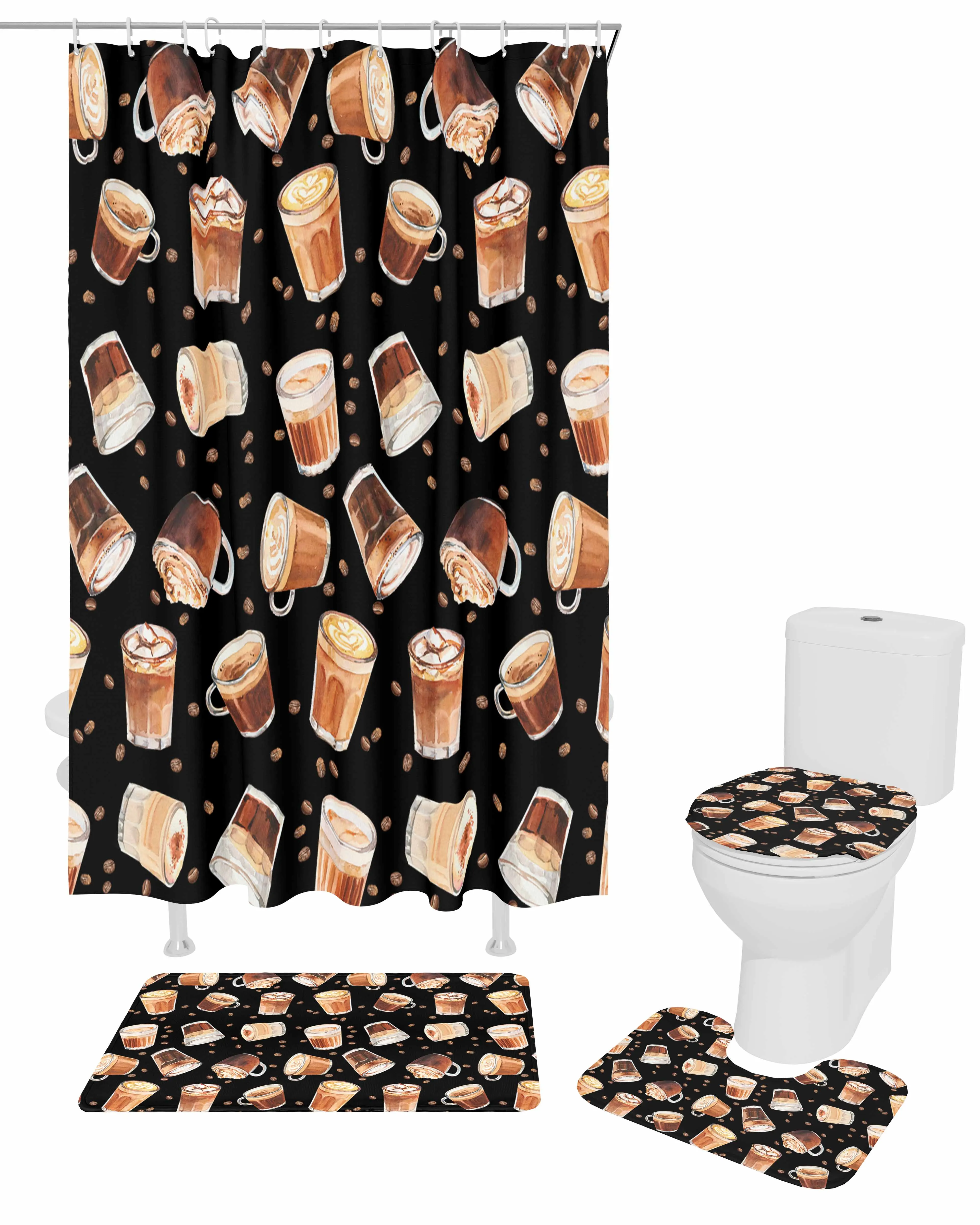 Coffee Coffee Beans Texture Shower Curtain Non-Slip Rugs Toilet Lid Cover and Bath Mat Bathroom Curtains with Hooks