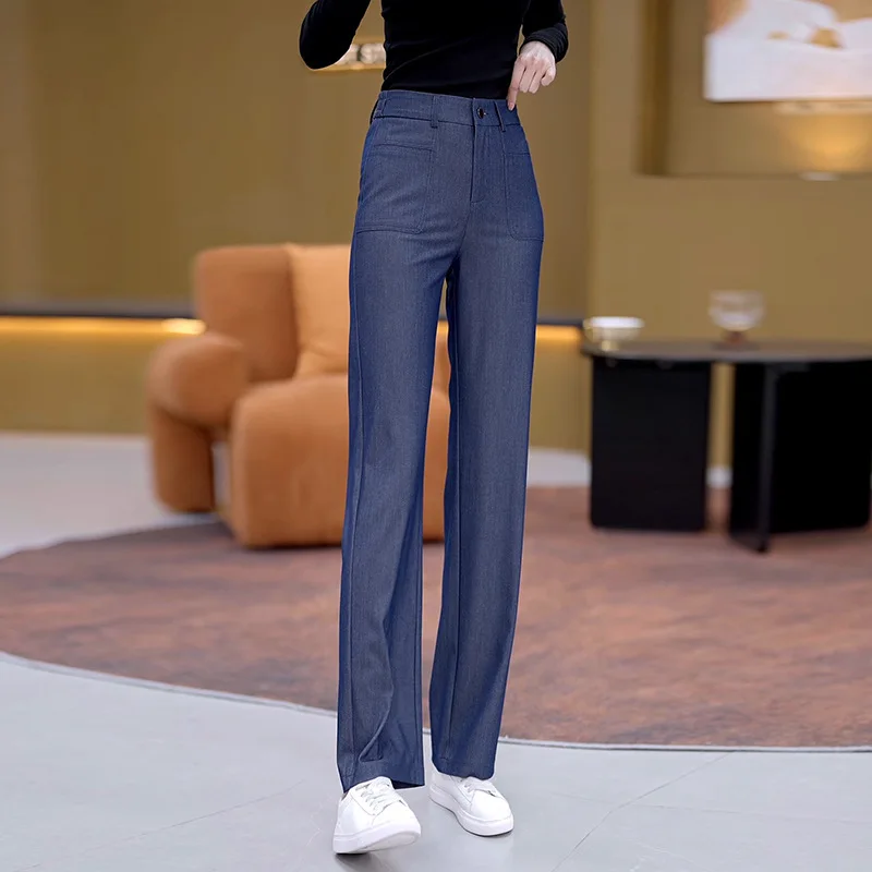 

Dark Blue Jeans Women Spring Autumn plaid loose Slimming Elastic Drape Casual straight-leg Wide Leg Pants