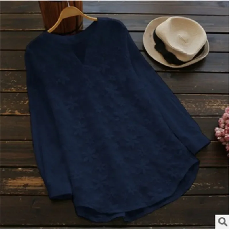 Women's Cotton Linen Embroidered Long-sleeved Pullover Shirt for Pear Shaped Body Loose Versatile Casual T-shirt Top