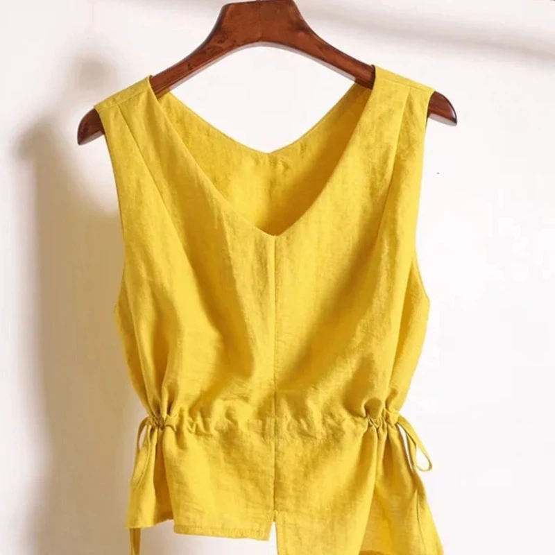 Sleeveless Drawstring Irregular Casual Blouse Summer New Solid Loose Simplicity Vintage Shirt Tops Fashion Office Women Clothing
