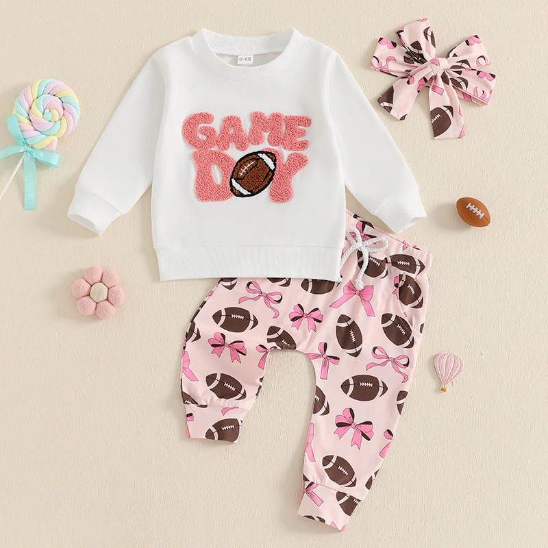 

2024-09-21 Lioraitiin Toddler Baby Girls Fall Outfits Letter Embroidery Long Sleeves Sweatshirt and Rugby Bow Pants Headband Set