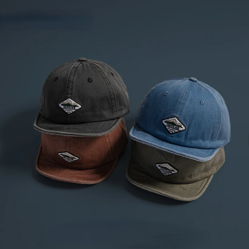 Short-Brimmed Hat Men\'s Washed Denim Soft Brim Peaked Cap Women\'s Style Distressed Patch Big Head Circumference Baseball Cap